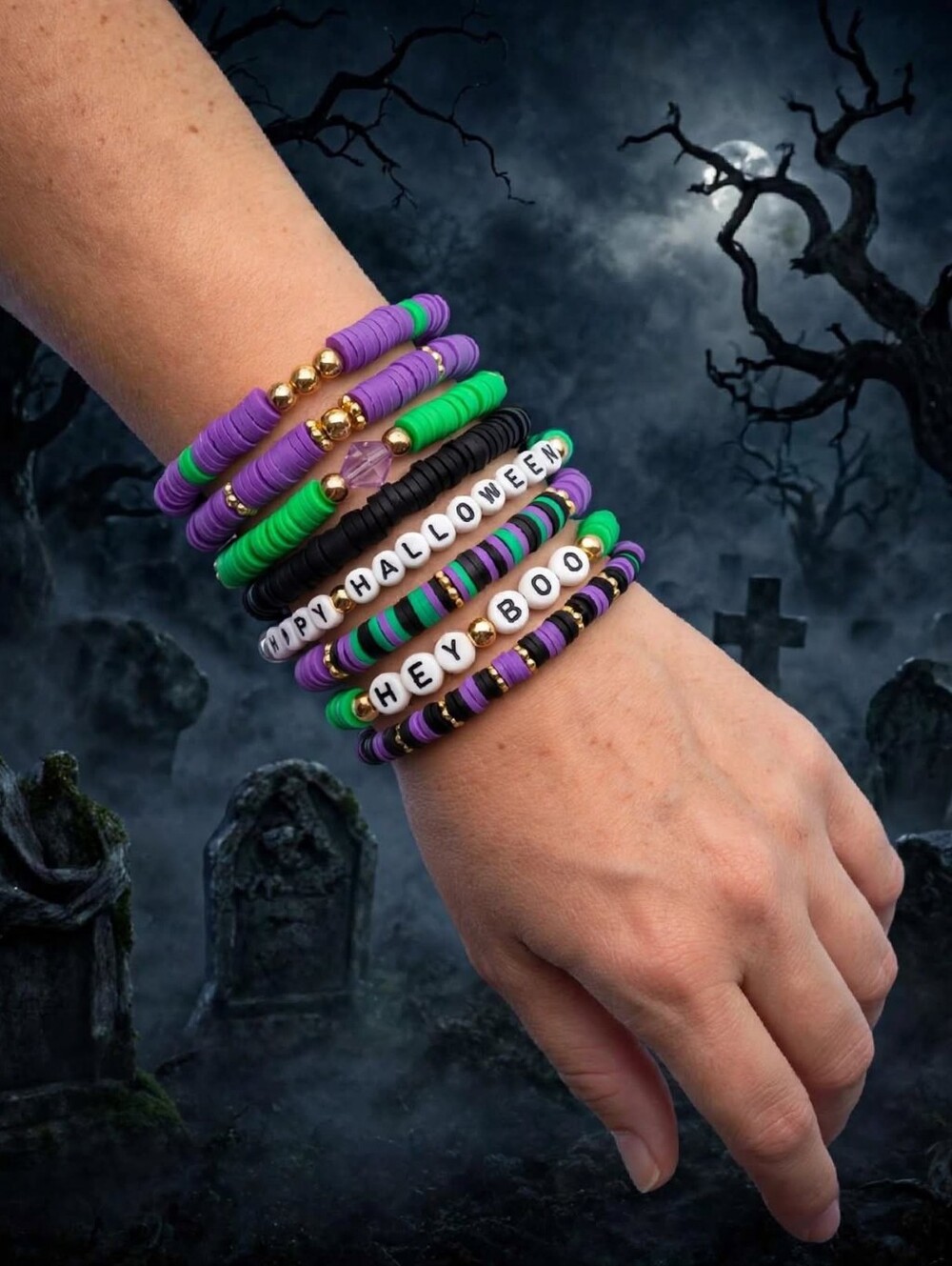 Set Of 4 Bracelets Randomly Picked Halloween Stackable Beaded Stretch Bracelets